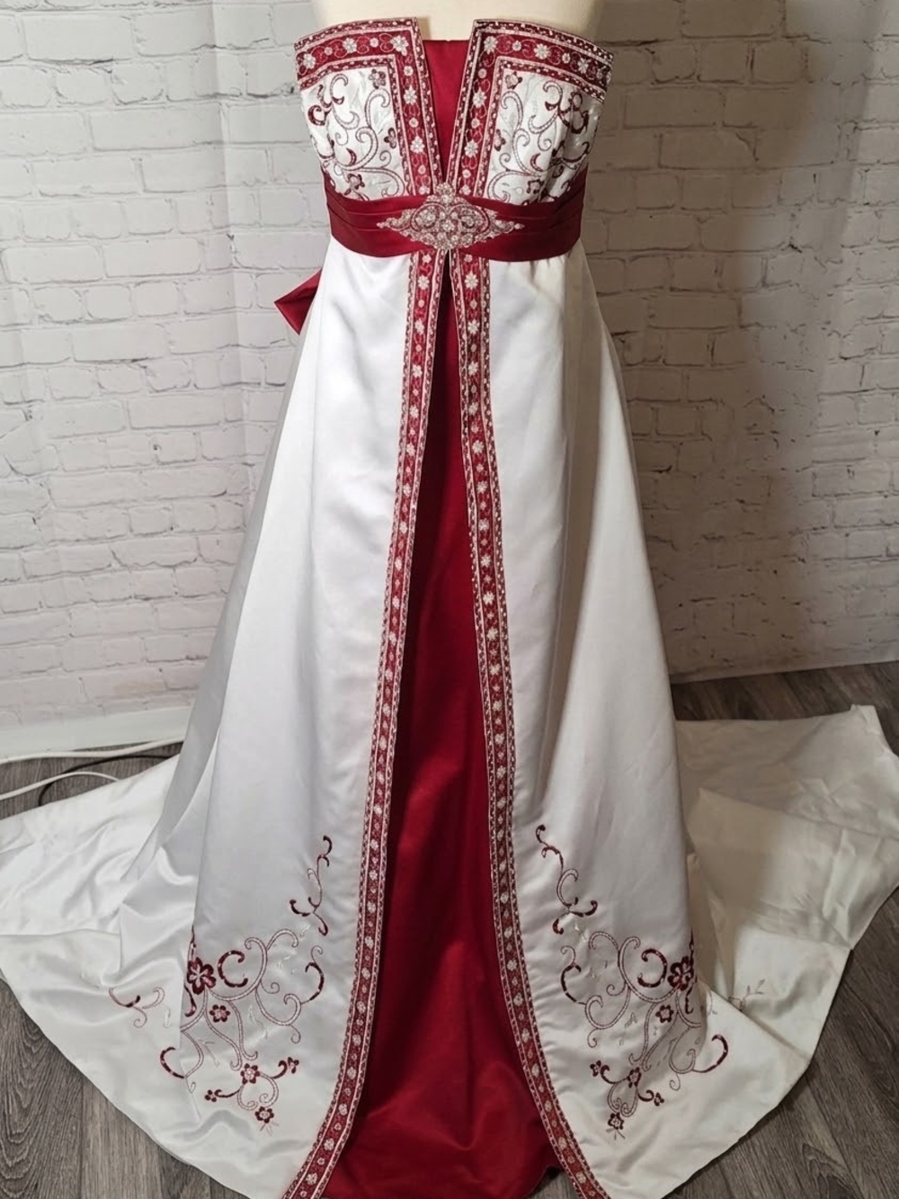 David's Bridal White Strapless Gown with Red Embroidered Panel